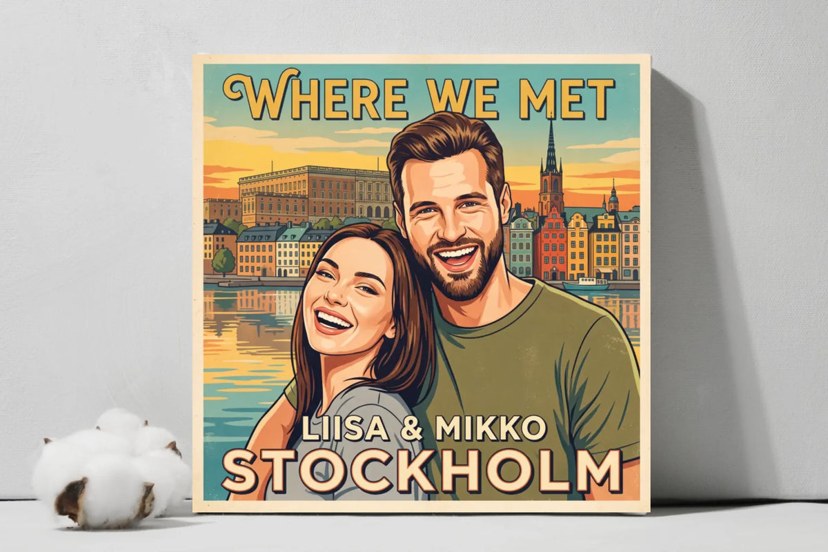 Where We Met – Personalized Vintage Couple & Place Square Canvas
