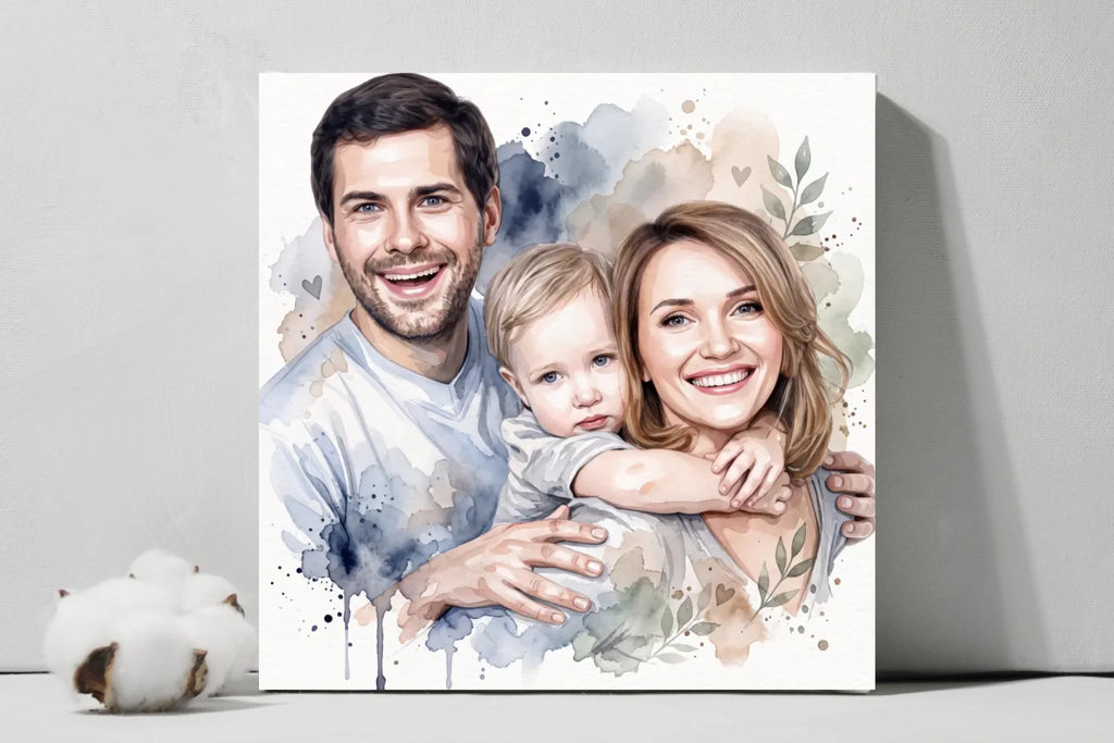 Family Watercolor Portrait Square Canvas